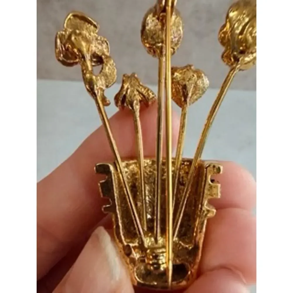 Vintage Gold Tone Flower Pot Brooch Jeweled Floral Bouquet Cameo Rhinestone